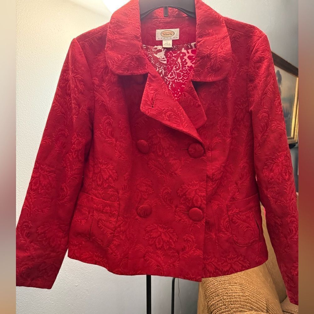 Talbots Printed Red Pea Coat Jacket Women's Size Petite Large Red - Picture 2 of 15